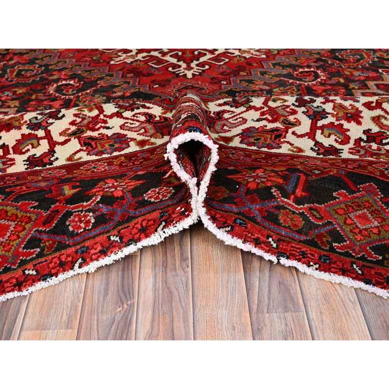 10'5"x12'8" Valiant Poppy Red, All Natural Wool, Secured Ends And Sides, Mint Condition, Hand Knotted, Tribal Weave, Persian Heriz, Sheared Low, Tribal Village Semi Antique Oriental Rug Sh183 - Image 6