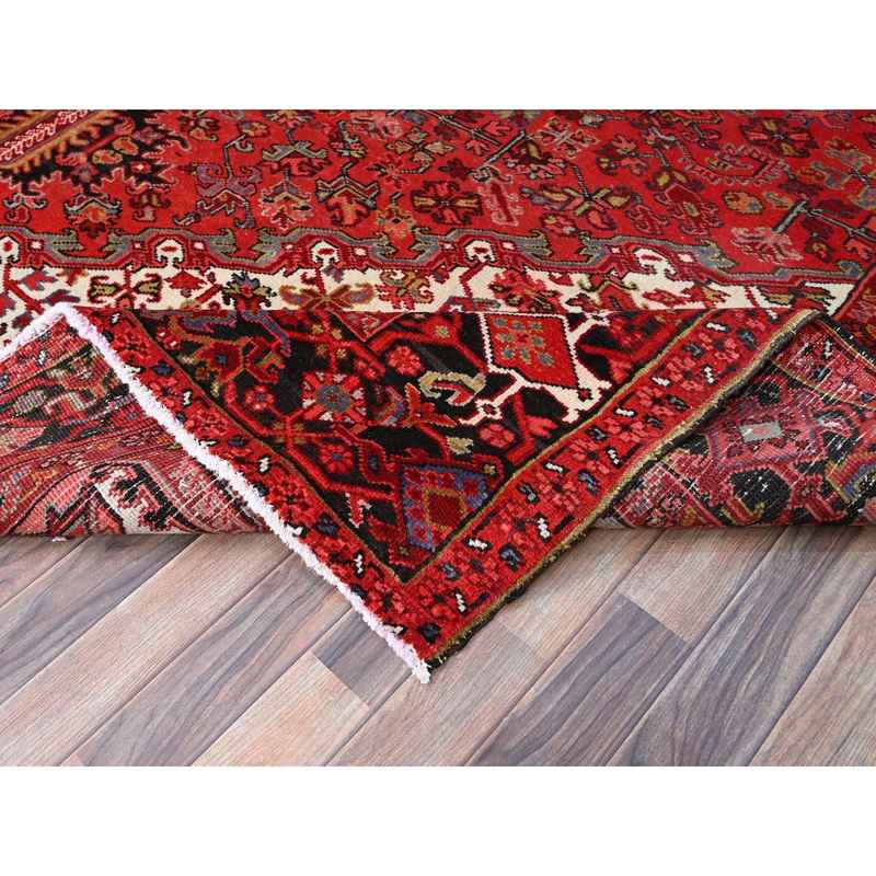 10'5"x12'8" Valiant Poppy Red, All Natural Wool, Secured Ends And Sides, Mint Condition, Hand Knotted, Tribal Weave, Persian Heriz, Sheared Low, Tribal Village Semi Antique Oriental Rug Sh183 - Image 7