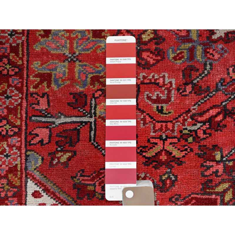10'5"x12'8" Valiant Poppy Red, All Natural Wool, Secured Ends And Sides, Mint Condition, Hand Knotted, Tribal Weave, Persian Heriz, Sheared Low, Tribal Village Semi Antique Oriental Rug Sh183 - Image 8