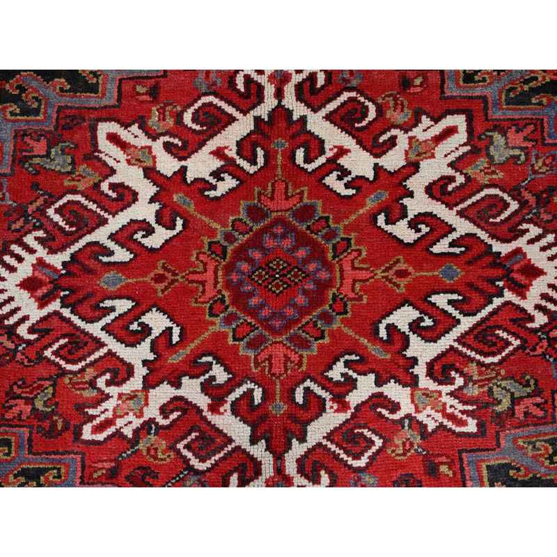 10'5"x12'8" Valiant Poppy Red, All Natural Wool, Secured Ends And Sides, Mint Condition, Hand Knotted, Tribal Weave, Persian Heriz, Sheared Low, Tribal Village Semi Antique Oriental Rug Sh183 - Image 9