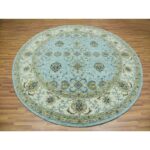 9'x9' Uranian Blue and Linen White Border, Hand Knotted, Agra, Shah Abbas With Flower Design, Soft and Velvety Wool, Vegetable Dyes, Round Oriental Rug Sh76041 - Image 2