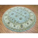 9'x9' Uranian Blue and Linen White Border, Hand Knotted, Agra, Shah Abbas With Flower Design, Soft and Velvety Wool, Vegetable Dyes, Round Oriental Rug Sh76041 - Image 3