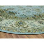 9'x9' Uranian Blue and Linen White Border, Hand Knotted, Agra, Shah Abbas With Flower Design, Soft and Velvety Wool, Vegetable Dyes, Round Oriental Rug Sh76041 - Image 6