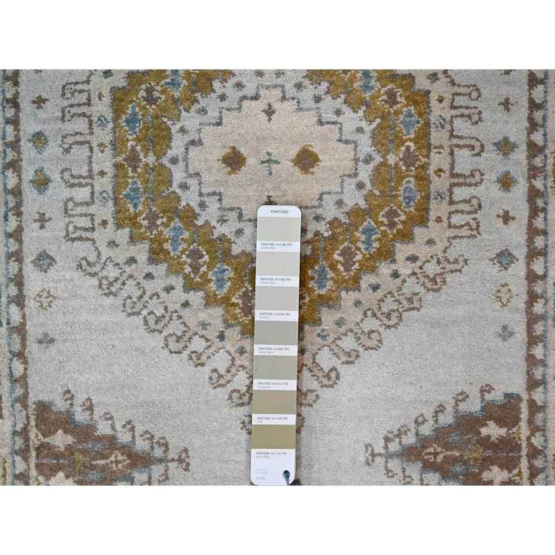 2'7"x23'9" Earl Gray and Navajo White, Natural Dyes, Densely Woven, Soft and Shiny Wool, Hand Knotted Persian Village Inspired Geometric Medallions, XL Runner Oriental Rug Sh84928 - Image 4