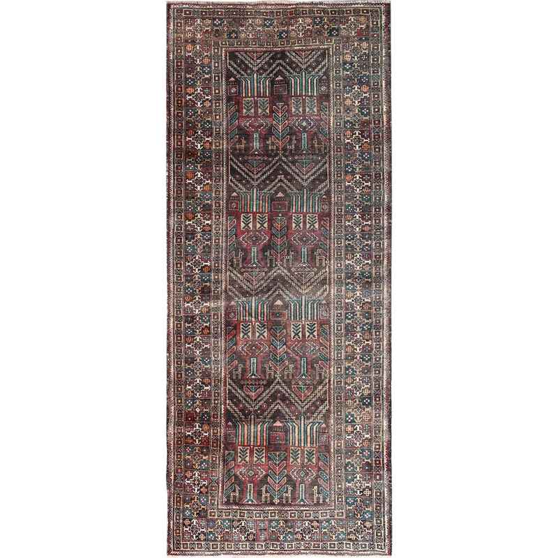 3'7"x9' French Roast Brown, Evenly Worn Distressed Vintage Persian and Baluch Village Design, Cropped Thin Excellent Condition, Soft and Shiny Wool, Hand Knotted, Sides and Ends Professionally Secured, Cleaned, Oriental Wide Runner Rug Sh85946