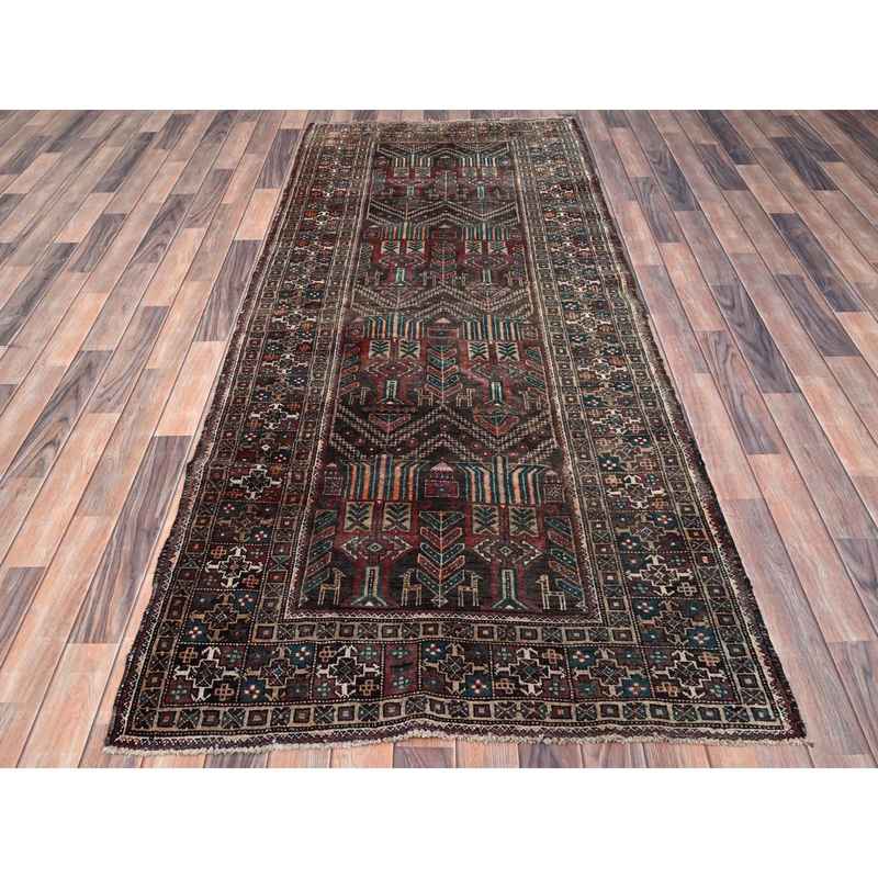 3'7"x9' French Roast Brown, Evenly Worn Distressed Vintage Persian and Baluch Village Design, Cropped Thin Excellent Condition, Soft and Shiny Wool, Hand Knotted, Sides and Ends Professionally Secured, Cleaned, Oriental Wide Runner Rug Sh85946 - Image 2