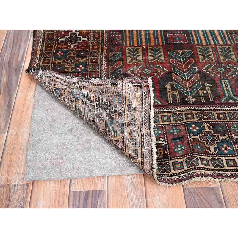 3'7"x9' French Roast Brown, Evenly Worn Distressed Vintage Persian and Baluch Village Design, Cropped Thin Excellent Condition, Soft and Shiny Wool, Hand Knotted, Sides and Ends Professionally Secured, Cleaned, Oriental Wide Runner Rug Sh85946 - Image 3