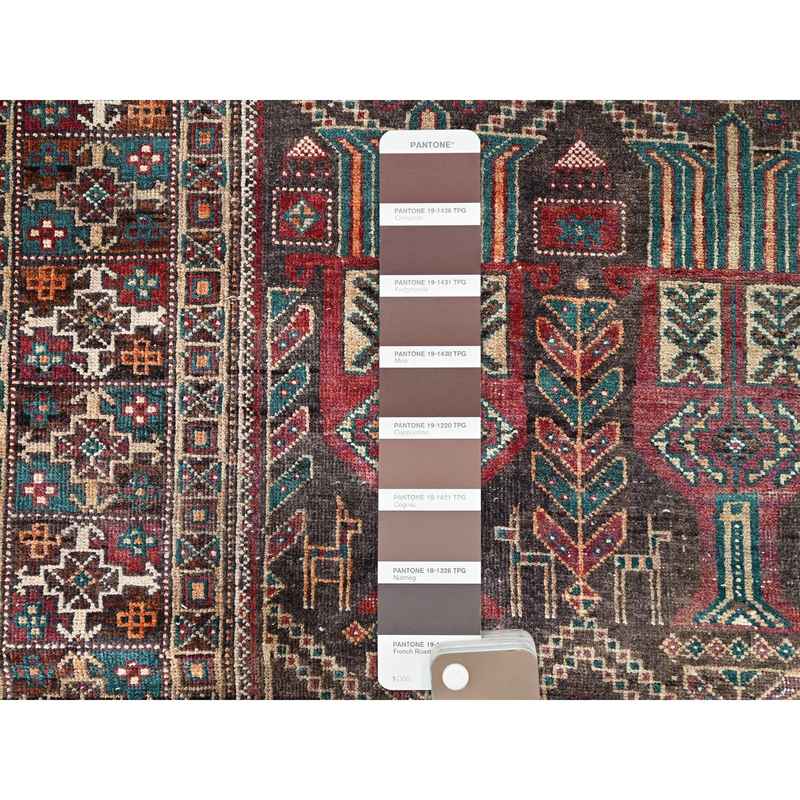 3'7"x9' French Roast Brown, Evenly Worn Distressed Vintage Persian and Baluch Village Design, Cropped Thin Excellent Condition, Soft and Shiny Wool, Hand Knotted, Sides and Ends Professionally Secured, Cleaned, Oriental Wide Runner Rug Sh85946 - Image 4