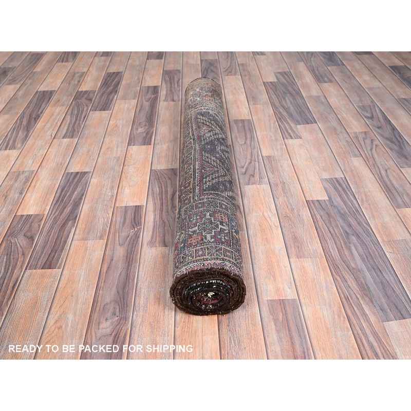 3'7"x9' French Roast Brown, Evenly Worn Distressed Vintage Persian and Baluch Village Design, Cropped Thin Excellent Condition, Soft and Shiny Wool, Hand Knotted, Sides and Ends Professionally Secured, Cleaned, Oriental Wide Runner Rug Sh85946 - Image 5