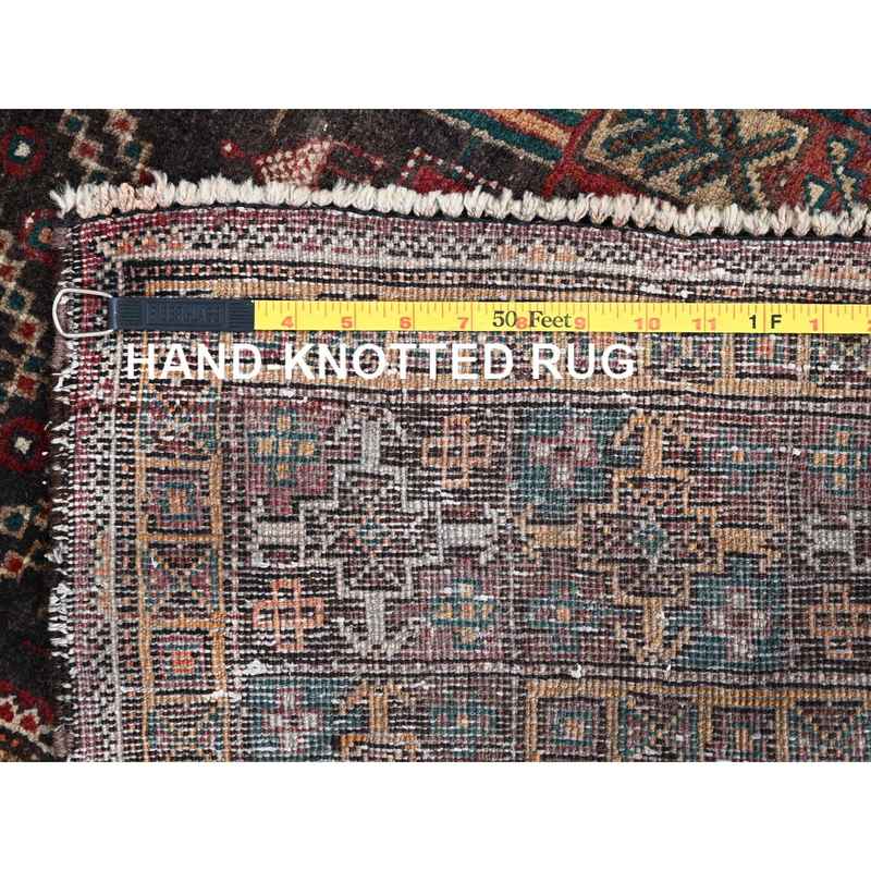 3'7"x9' French Roast Brown, Evenly Worn Distressed Vintage Persian and Baluch Village Design, Cropped Thin Excellent Condition, Soft and Shiny Wool, Hand Knotted, Sides and Ends Professionally Secured, Cleaned, Oriental Wide Runner Rug Sh85946 - Image 7