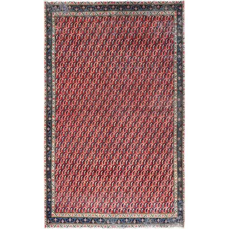 4'1"x6'7" Crimson Red, Vintage Persian Senneh Soft Wool Distressed Look Full Pile With All Over Botteh Paisely Designed and Good Condition Hand Knotted Evenly Worn, Sheared Low Wide Runner Oriental Rug Sh85976