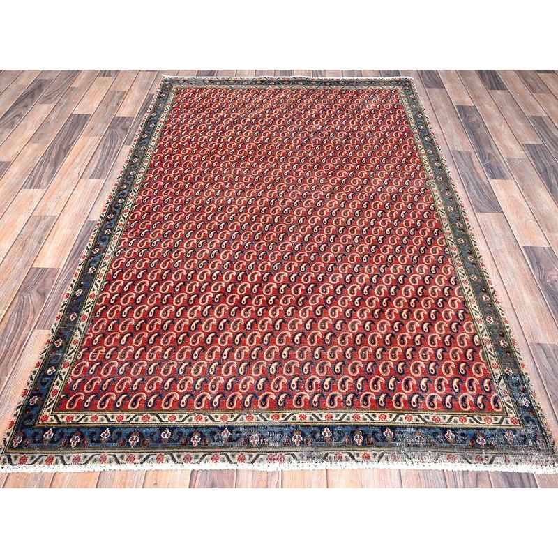 4'1"x6'7" Crimson Red, Vintage Persian Senneh Soft Wool Distressed Look Full Pile With All Over Botteh Paisely Designed and Good Condition Hand Knotted Evenly Worn, Sheared Low Wide Runner Oriental Rug Sh85976 - Image 2