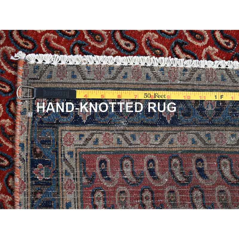 4'1"x6'7" Crimson Red, Vintage Persian Senneh Soft Wool Distressed Look Full Pile With All Over Botteh Paisely Designed and Good Condition Hand Knotted Evenly Worn, Sheared Low Wide Runner Oriental Rug Sh85976 - Image 7