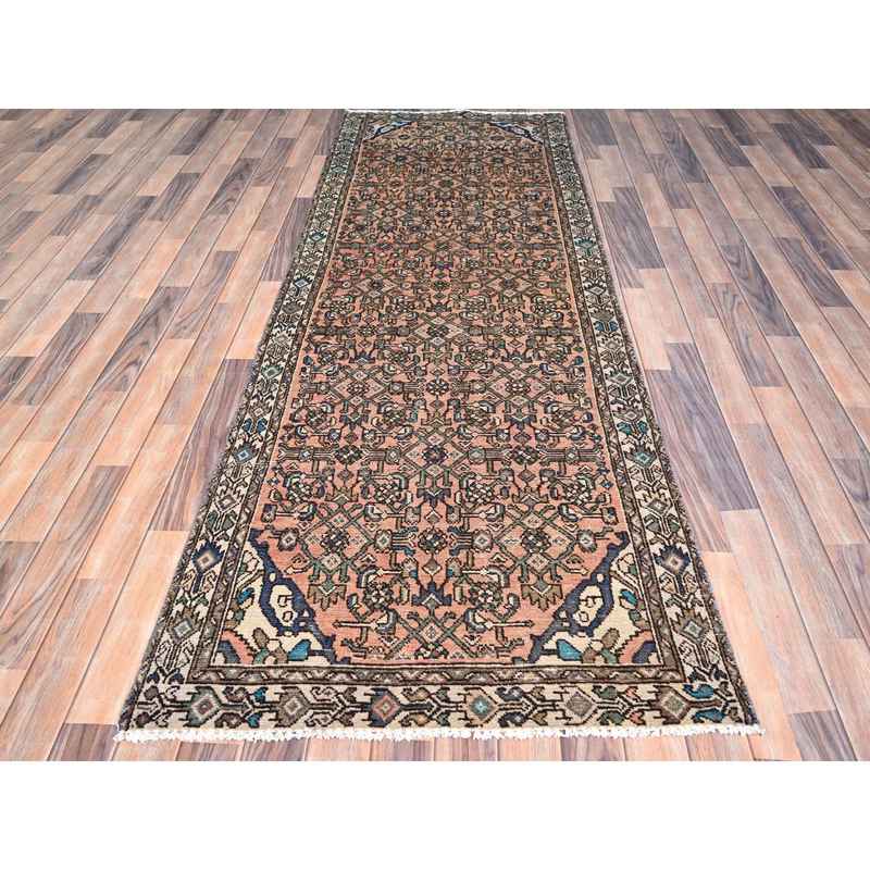 3'2"x9'3" Maple Sugar Brown, Sides and Ends Professionally Secured, Cleaned, Distressed Look, Evenly Worn, Old Persian Hussainabad with Small Repetitive Pattern, Good Condition, Vibrant Wool Wide and Long Runner Hand Knotted Oriental Rug Sh85990 - Image 2