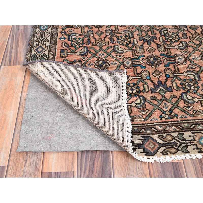 3'2"x9'3" Maple Sugar Brown, Sides and Ends Professionally Secured, Cleaned, Distressed Look, Evenly Worn, Old Persian Hussainabad with Small Repetitive Pattern, Good Condition, Vibrant Wool Wide and Long Runner Hand Knotted Oriental Rug Sh85990 - Image 3