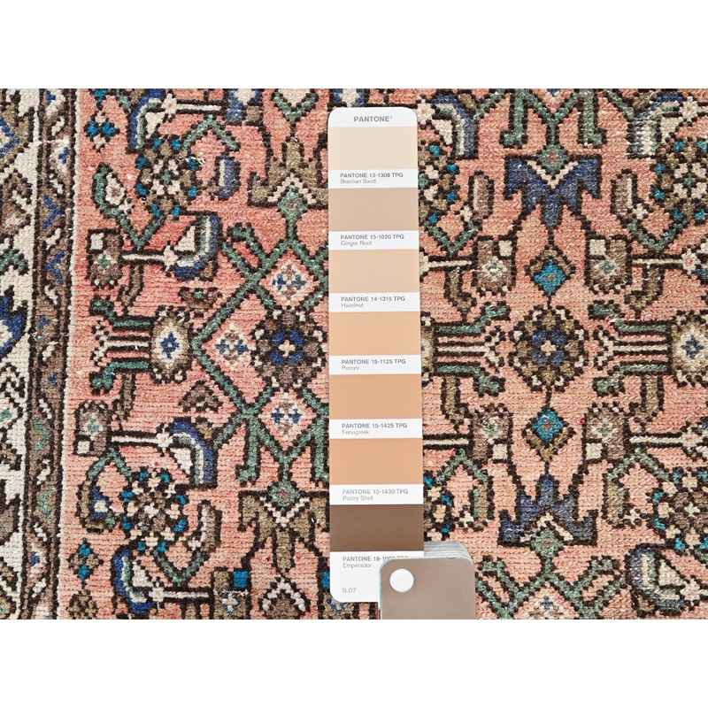 3'2"x9'3" Maple Sugar Brown, Sides and Ends Professionally Secured, Cleaned, Distressed Look, Evenly Worn, Old Persian Hussainabad with Small Repetitive Pattern, Good Condition, Vibrant Wool Wide and Long Runner Hand Knotted Oriental Rug Sh85990 - Image 4