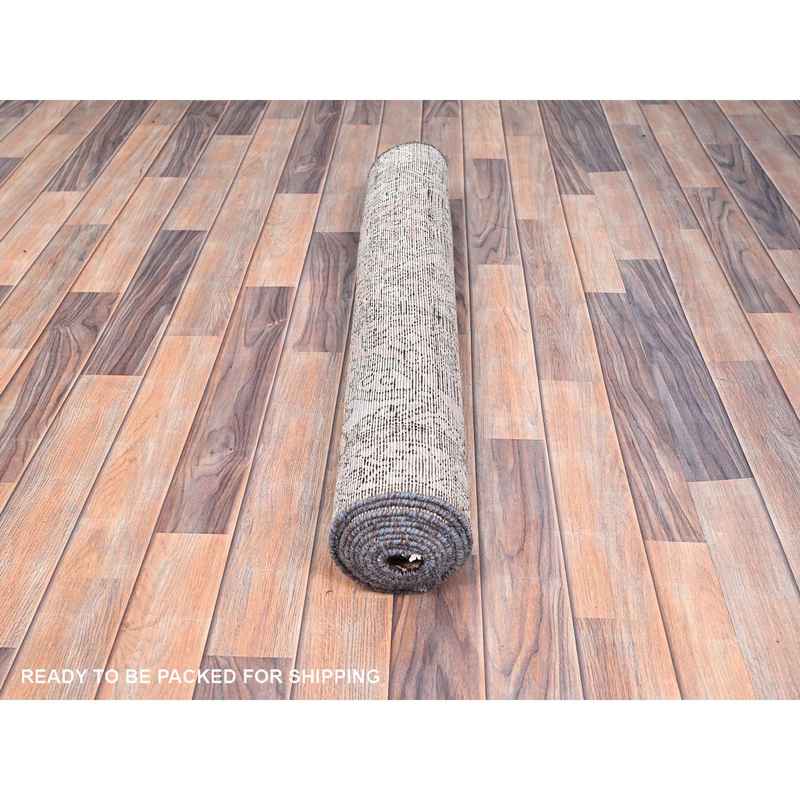 3'2"x9'3" Maple Sugar Brown, Sides and Ends Professionally Secured, Cleaned, Distressed Look, Evenly Worn, Old Persian Hussainabad with Small Repetitive Pattern, Good Condition, Vibrant Wool Wide and Long Runner Hand Knotted Oriental Rug Sh85990 - Image 5