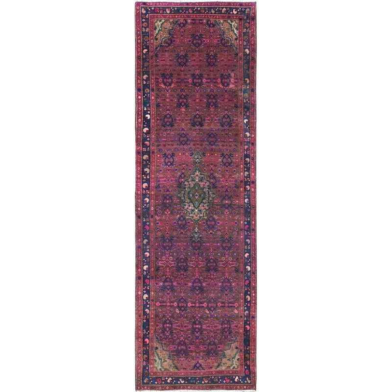3'4"x10'8" Dahlia Mauve Purple, Overdyed, Hand Knotted Old Persian Hamadan, Good Condition Evenly Worn 100% Wool, Sides and Ends Professionally Secured and Cleaned, Oriental Distressed Look Wide and Long Runner Rug Sh86015