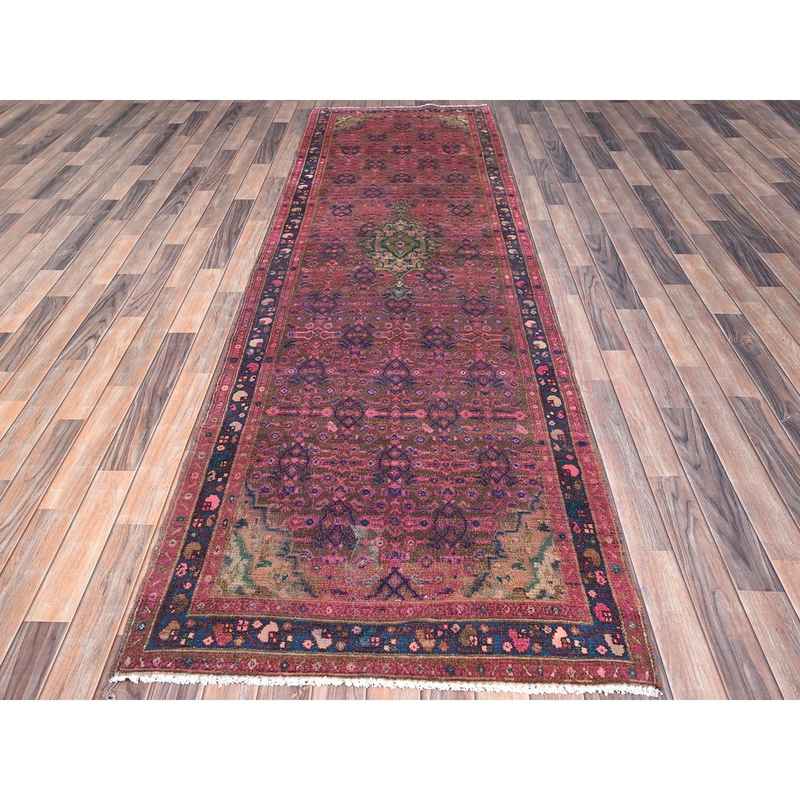 3'4"x10'8" Dahlia Mauve Purple, Overdyed, Hand Knotted Old Persian Hamadan, Good Condition Evenly Worn 100% Wool, Sides and Ends Professionally Secured and Cleaned, Oriental Distressed Look Wide and Long Runner Rug Sh86015 - Image 2