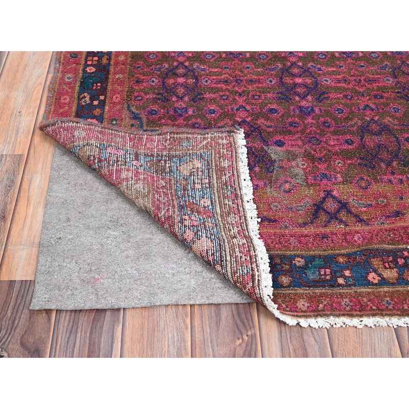 3'4"x10'8" Dahlia Mauve Purple, Overdyed, Hand Knotted Old Persian Hamadan, Good Condition Evenly Worn 100% Wool, Sides and Ends Professionally Secured and Cleaned, Oriental Distressed Look Wide and Long Runner Rug Sh86015 - Image 3
