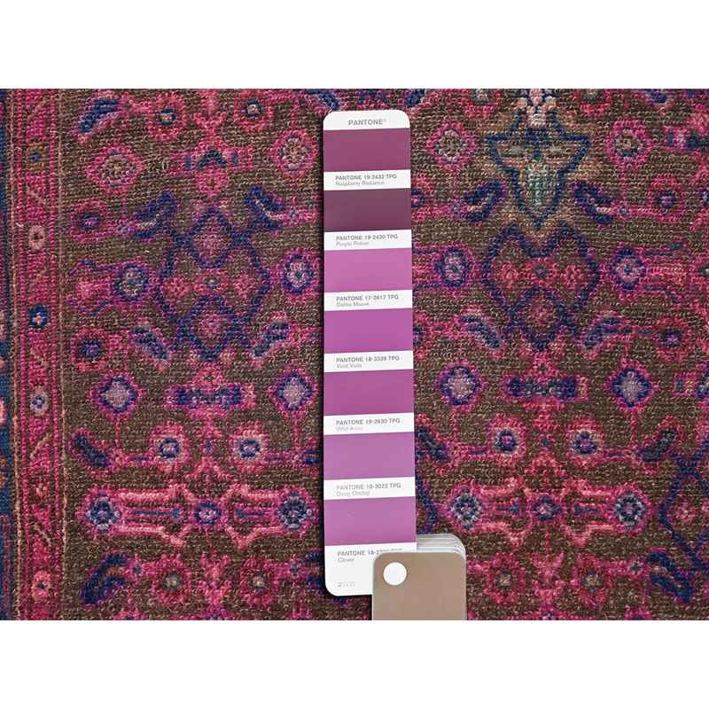 3'4"x10'8" Dahlia Mauve Purple, Overdyed, Hand Knotted Old Persian Hamadan, Good Condition Evenly Worn 100% Wool, Sides and Ends Professionally Secured and Cleaned, Oriental Distressed Look Wide and Long Runner Rug Sh86015 - Image 4