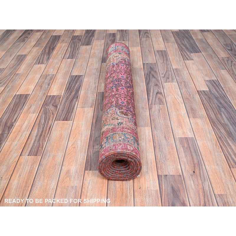 3'4"x10'8" Dahlia Mauve Purple, Overdyed, Hand Knotted Old Persian Hamadan, Good Condition Evenly Worn 100% Wool, Sides and Ends Professionally Secured and Cleaned, Oriental Distressed Look Wide and Long Runner Rug Sh86015 - Image 5