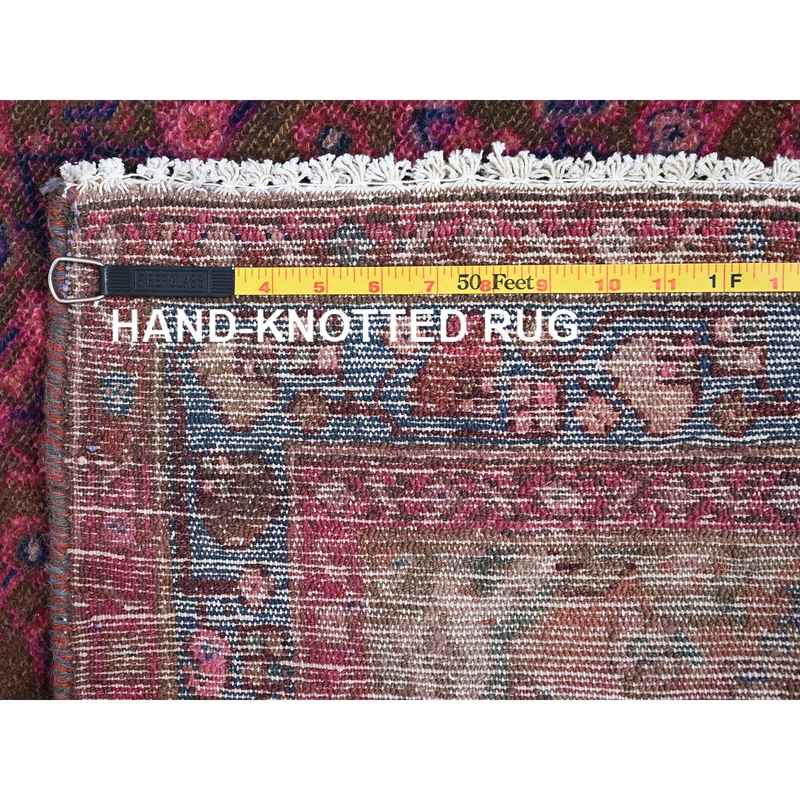 3'4"x10'8" Dahlia Mauve Purple, Overdyed, Hand Knotted Old Persian Hamadan, Good Condition Evenly Worn 100% Wool, Sides and Ends Professionally Secured and Cleaned, Oriental Distressed Look Wide and Long Runner Rug Sh86015 - Image 7