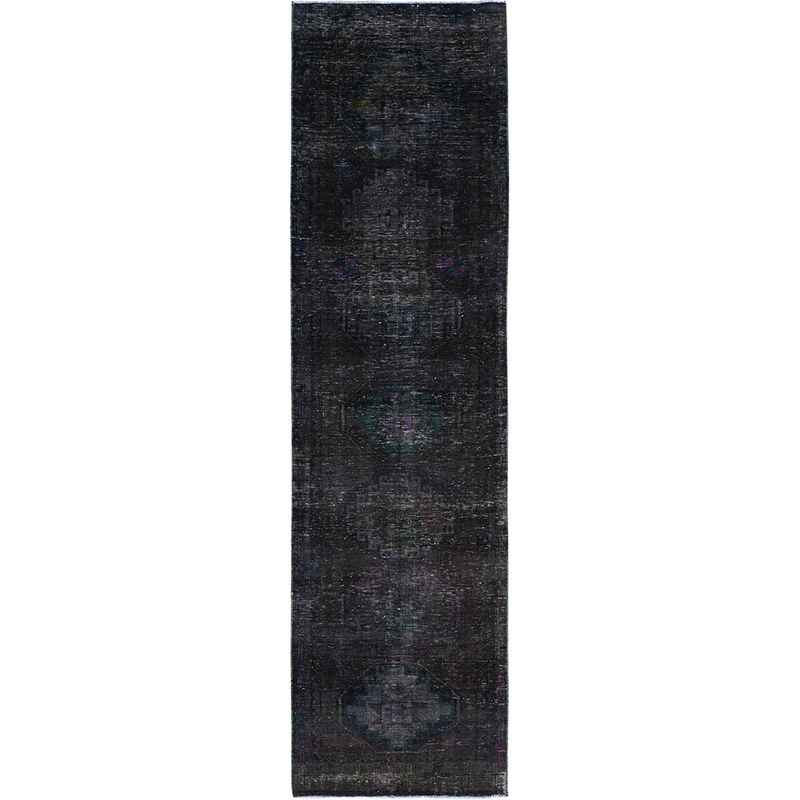 3'2"x12' Charcoal Black, Hand Knotted, Overdyed, Vintage Persian Geometric Hamadan, Good Condition Borderless, Evenly Worn, Cropped Thin and Sheared Low, Sides and Ends Secured, Professionally Cleaned, Oriental Wide and Long Runner Rug Sh86016
