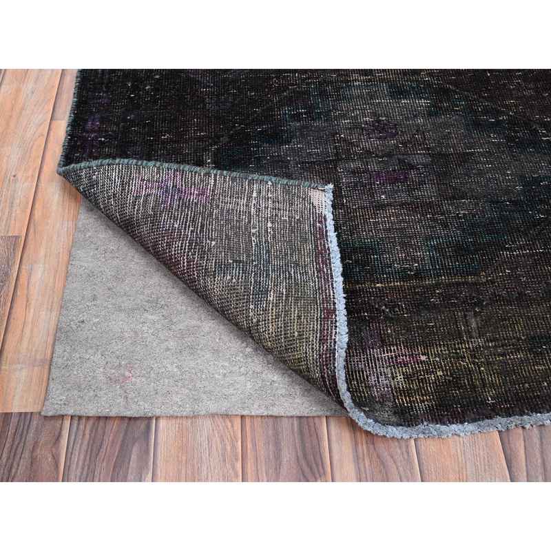 3'2"x12' Charcoal Black, Hand Knotted, Overdyed, Vintage Persian Geometric Hamadan, Good Condition Borderless, Evenly Worn, Cropped Thin and Sheared Low, Sides and Ends Secured, Professionally Cleaned, Oriental Wide and Long Runner Rug Sh86016 - Image 3