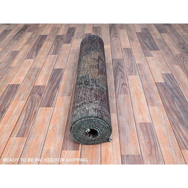 3'2"x12' Charcoal Black, Hand Knotted, Overdyed, Vintage Persian Geometric Hamadan, Good Condition Borderless, Evenly Worn, Cropped Thin and Sheared Low, Sides and Ends Secured, Professionally Cleaned, Oriental Wide and Long Runner Rug Sh86016 - Image 5