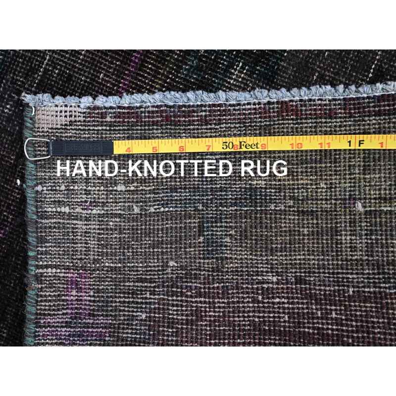 3'2"x12' Charcoal Black, Hand Knotted, Overdyed, Vintage Persian Geometric Hamadan, Good Condition Borderless, Evenly Worn, Cropped Thin and Sheared Low, Sides and Ends Secured, Professionally Cleaned, Oriental Wide and Long Runner Rug Sh86016 - Image 7