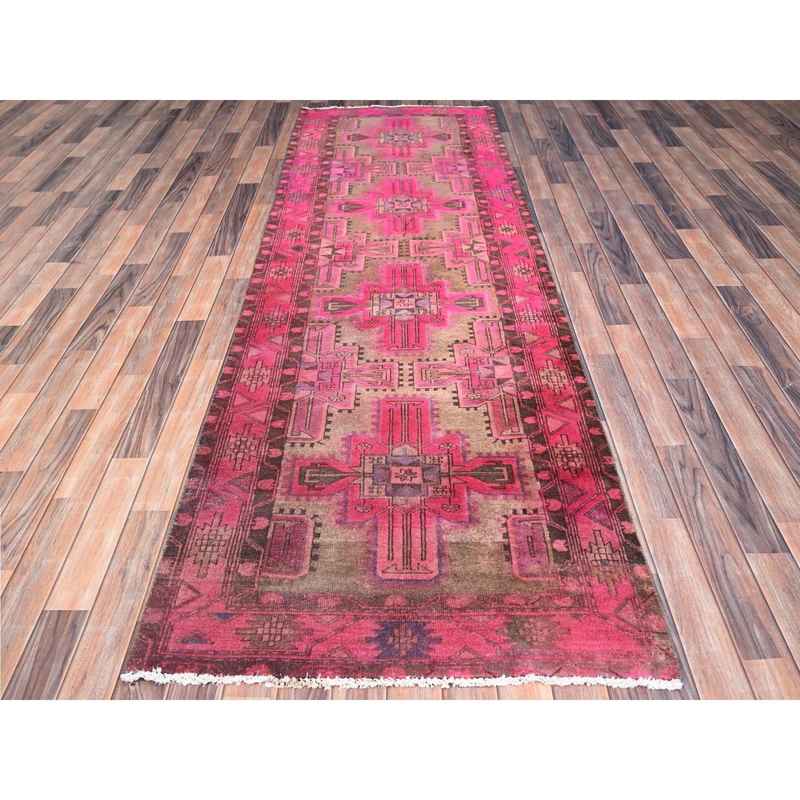 3'4"x9'8" Raspberry Wine Pink, Overdyed Old Northwest Persian, Hand Knotted Distressed Look and Evenly Worn, Sides and Ends Secured, Professionally Cleaned, Sheared Low, Cropped Thin, All Wool Wide Runner Oriental Rug Sh86018 - Image 2