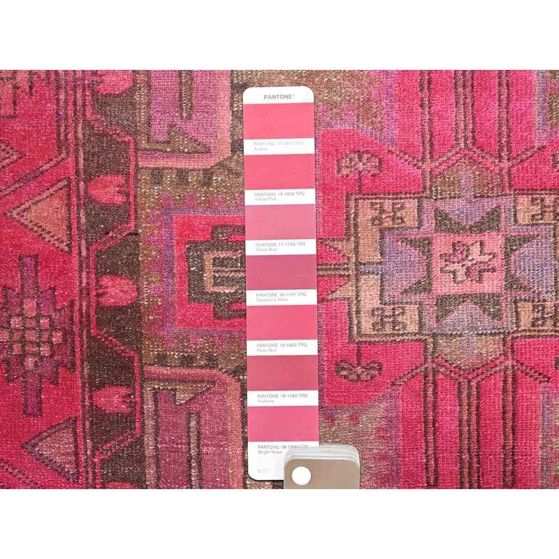 3'4"x9'8" Raspberry Wine Pink, Overdyed Old Northwest Persian, Hand Knotted Distressed Look and Evenly Worn, Sides and Ends Secured, Professionally Cleaned, Sheared Low, Cropped Thin, All Wool Wide Runner Oriental Rug Sh86018 - Image 4