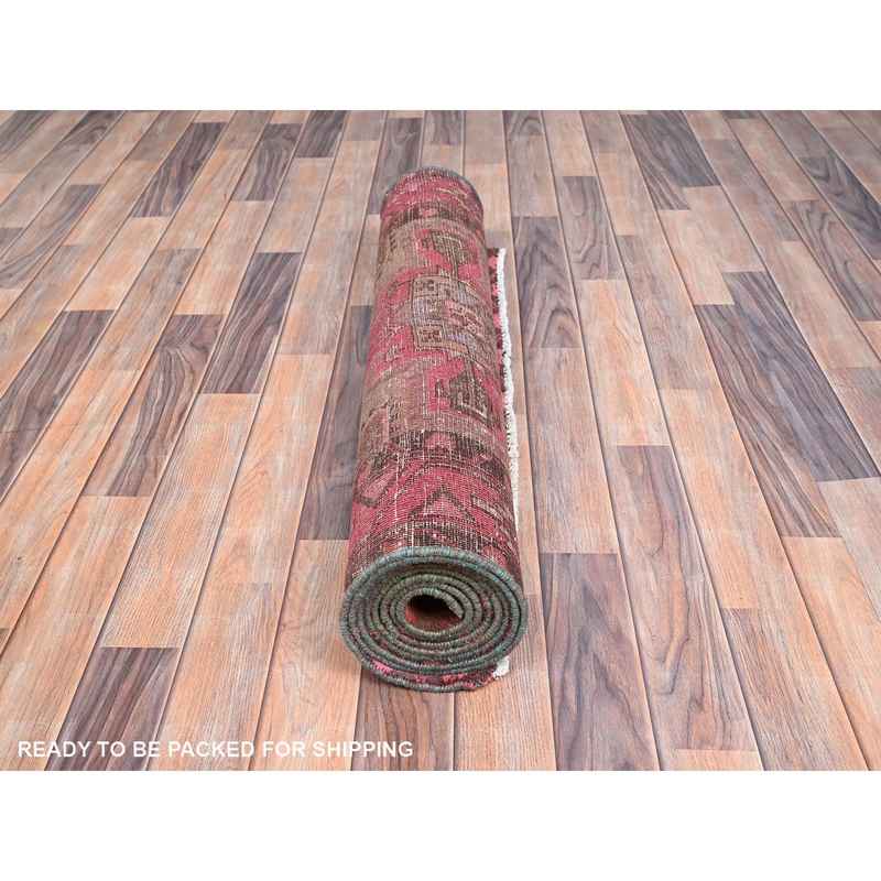 3'4"x9'8" Raspberry Wine Pink, Overdyed Old Northwest Persian, Hand Knotted Distressed Look and Evenly Worn, Sides and Ends Secured, Professionally Cleaned, Sheared Low, Cropped Thin, All Wool Wide Runner Oriental Rug Sh86018 - Image 5