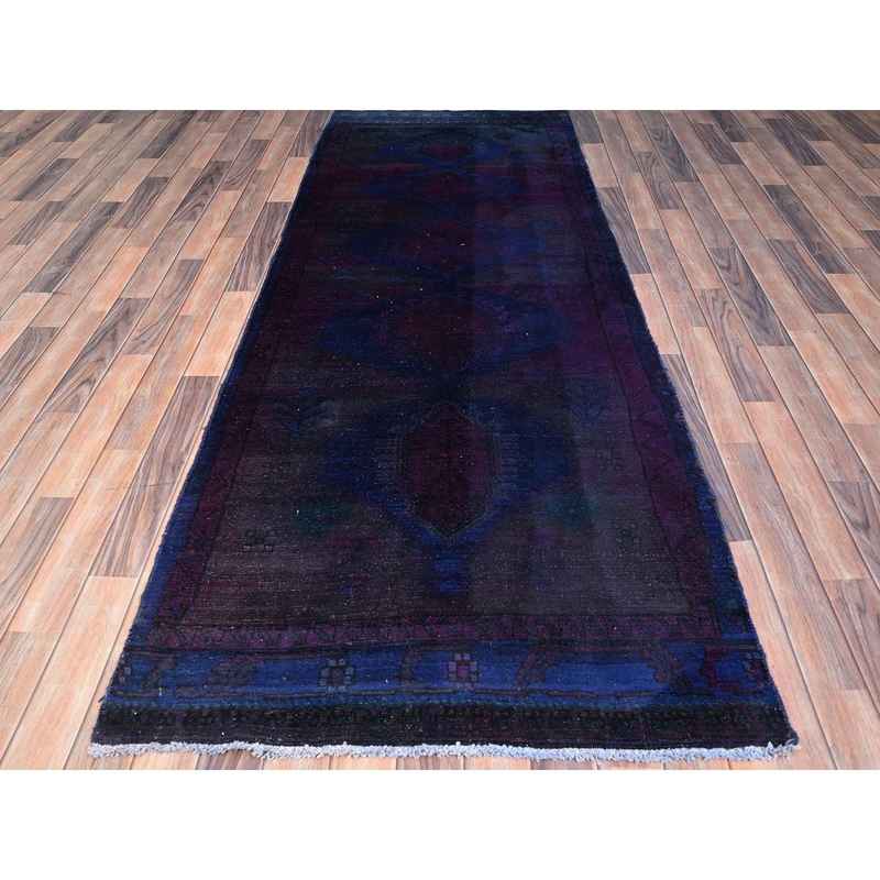 3'5"x9' Pickled Beet Purple, Old Northwest Persian Overdyed, Evenly Worn Natural Wool Distressed, Sides and Ends Professionally Secured, Cleaned, Hand Knotted Sheared Low Wide Runner, Oriental Rug Sh86025 - Image 2