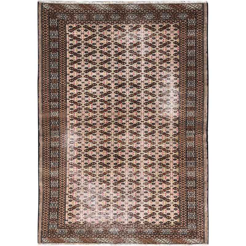 4'5"x6'3" Desert Sand Orange, Vintage Persian Tourkaman With Repetitive All Over Design, Hand Knotted Abrash Distressed Evenly Worn Organic Wool, Cropped Thin Oriental Rug Sh86050
