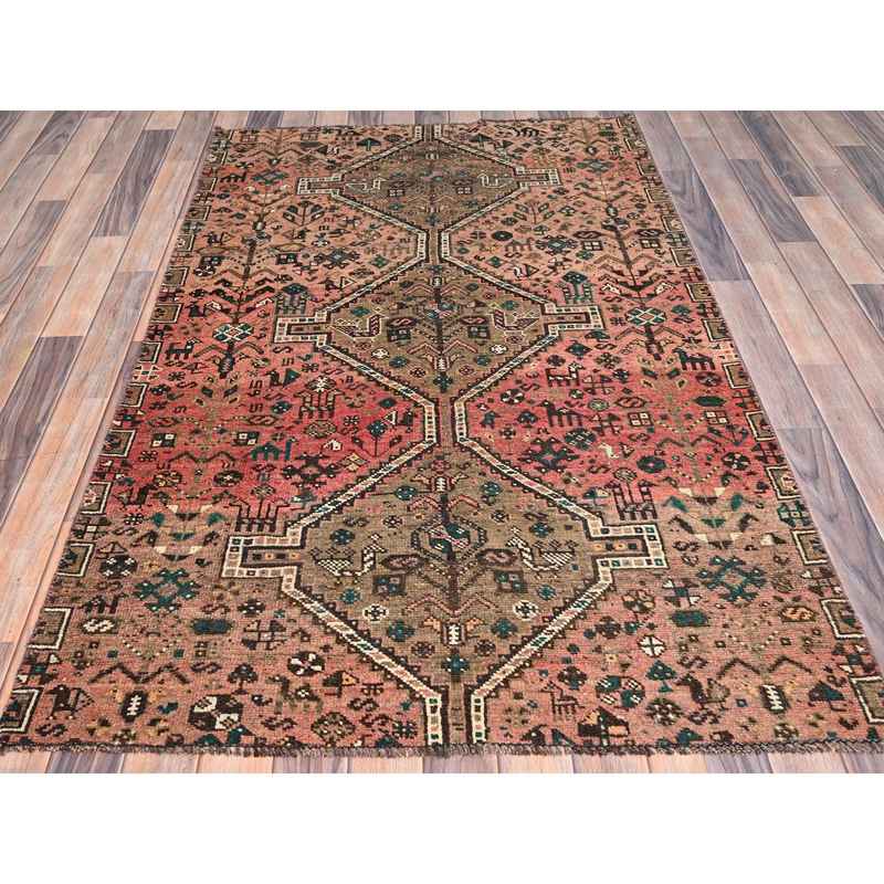 4'x6'1" Acorn Brown, Old Persian Shiraz with Small Animal Figurines and Distinct Abrash, Evenly Worn Pure Wool, Sides and Ends Secured, Professionally Cleaned, Distressed Look, Sheared Low, Oriental Rug Sh86067 - Image 2