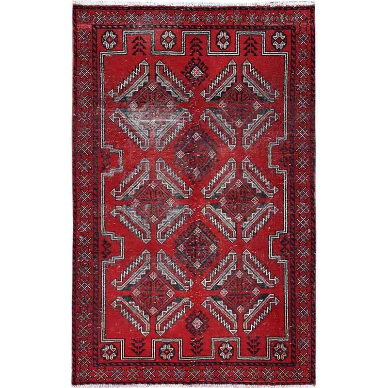 4'x6'5" Tomato Red, Hand Knotted 100% Wool Vintage Persian Baluch, Abrash, Evenly Worn Sheared Low, Distressed and Sides and Ends Secured, Professionally Cleaned, Cropped Thin, Oriental Rug Sh86068