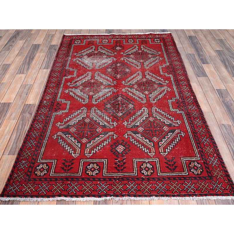 4'x6'5" Tomato Red, Hand Knotted 100% Wool Vintage Persian Baluch, Abrash, Evenly Worn Sheared Low, Distressed and Sides and Ends Secured, Professionally Cleaned, Cropped Thin, Oriental Rug Sh86068 - Image 2