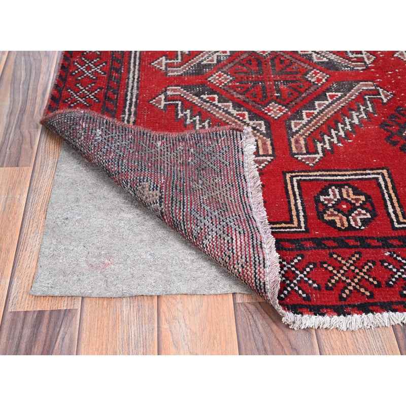 4'x6'5" Tomato Red, Hand Knotted 100% Wool Vintage Persian Baluch, Abrash, Evenly Worn Sheared Low, Distressed and Sides and Ends Secured, Professionally Cleaned, Cropped Thin, Oriental Rug Sh86068 - Image 3