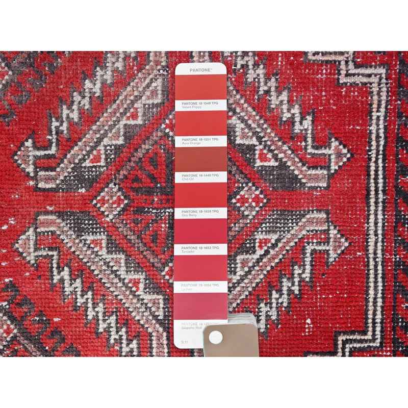 4'x6'5" Tomato Red, Hand Knotted 100% Wool Vintage Persian Baluch, Abrash, Evenly Worn Sheared Low, Distressed and Sides and Ends Secured, Professionally Cleaned, Cropped Thin, Oriental Rug Sh86068 - Image 4