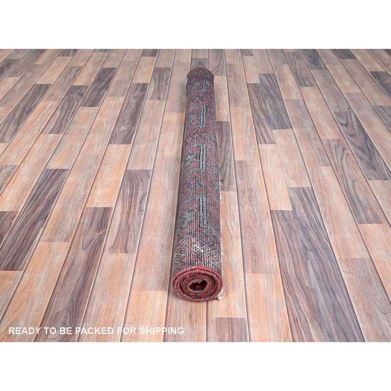 4'x6'5" Tomato Red, Hand Knotted 100% Wool Vintage Persian Baluch, Abrash, Evenly Worn Sheared Low, Distressed and Sides and Ends Secured, Professionally Cleaned, Cropped Thin, Oriental Rug Sh86068 - Image 5