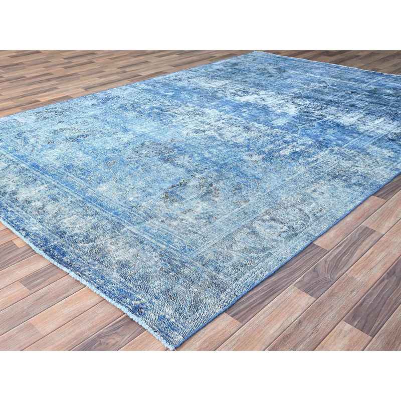7'5"x11' Hawaiian Surf Blue, Excellent Condition, Cropped Thin and Sheared Low, Hand Knotted Sides and Ends Secured, Professionally Cleaned, Evenly Worn Vibrant Wool, Overdyed Old Persian Tabriz, Oriental Rug Sh86102 - Image 3