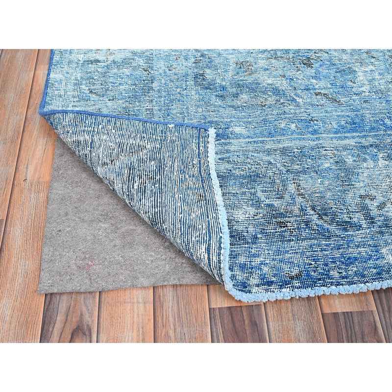 7'5"x11' Hawaiian Surf Blue, Excellent Condition, Cropped Thin and Sheared Low, Hand Knotted Sides and Ends Secured, Professionally Cleaned, Evenly Worn Vibrant Wool, Overdyed Old Persian Tabriz, Oriental Rug Sh86102 - Image 4