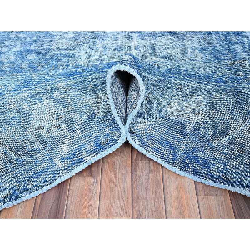 7'5"x11' Hawaiian Surf Blue, Excellent Condition, Cropped Thin and Sheared Low, Hand Knotted Sides and Ends Secured, Professionally Cleaned, Evenly Worn Vibrant Wool, Overdyed Old Persian Tabriz, Oriental Rug Sh86102 - Image 5