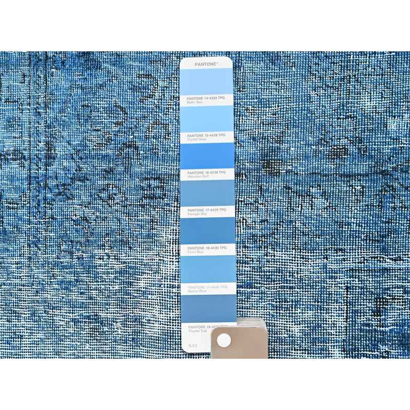 7'5"x11' Hawaiian Surf Blue, Excellent Condition, Cropped Thin and Sheared Low, Hand Knotted Sides and Ends Secured, Professionally Cleaned, Evenly Worn Vibrant Wool, Overdyed Old Persian Tabriz, Oriental Rug Sh86102 - Image 7