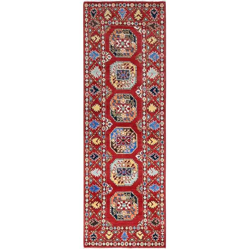 2'7"x8' Toreador Red, Soft and Velvety Wool, Hand Knotted, Densely Woven, Special Kazak with Afghan Ersari Elephant Feet Design, Vegetable Dyes, Oriental Wide Runner Rug Sh86457