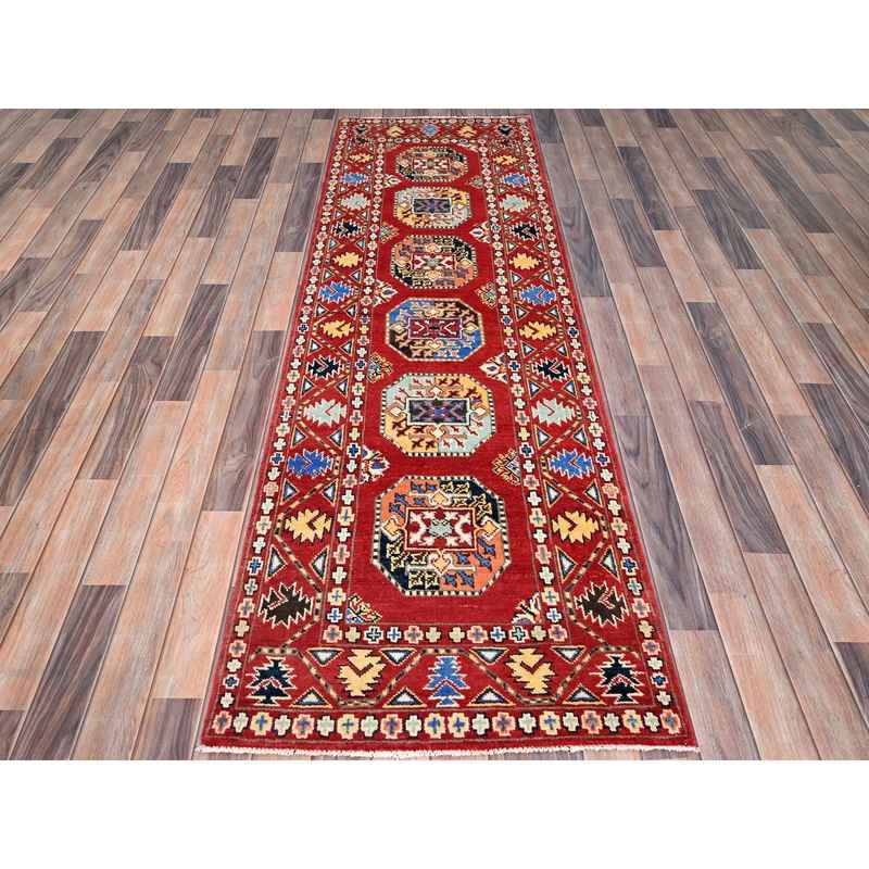 2'7"x8' Toreador Red, Soft and Velvety Wool, Hand Knotted, Densely Woven, Special Kazak with Afghan Ersari Elephant Feet Design, Vegetable Dyes, Oriental Wide Runner Rug Sh86457 - Image 2