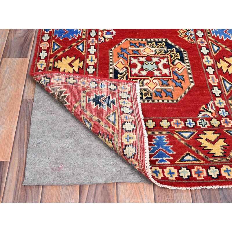 2'7"x8' Toreador Red, Soft and Velvety Wool, Hand Knotted, Densely Woven, Special Kazak with Afghan Ersari Elephant Feet Design, Vegetable Dyes, Oriental Wide Runner Rug Sh86457 - Image 3