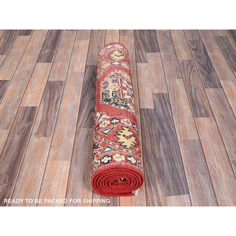 2'7"x8' Toreador Red, Soft and Velvety Wool, Hand Knotted, Densely Woven, Special Kazak with Afghan Ersari Elephant Feet Design, Vegetable Dyes, Oriental Wide Runner Rug Sh86457 - Image 5